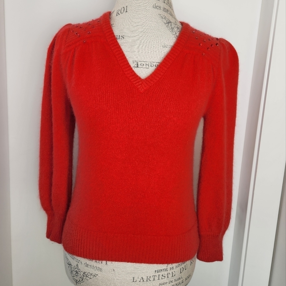 80s Red Silk Knit Puff Sleeve Sweater